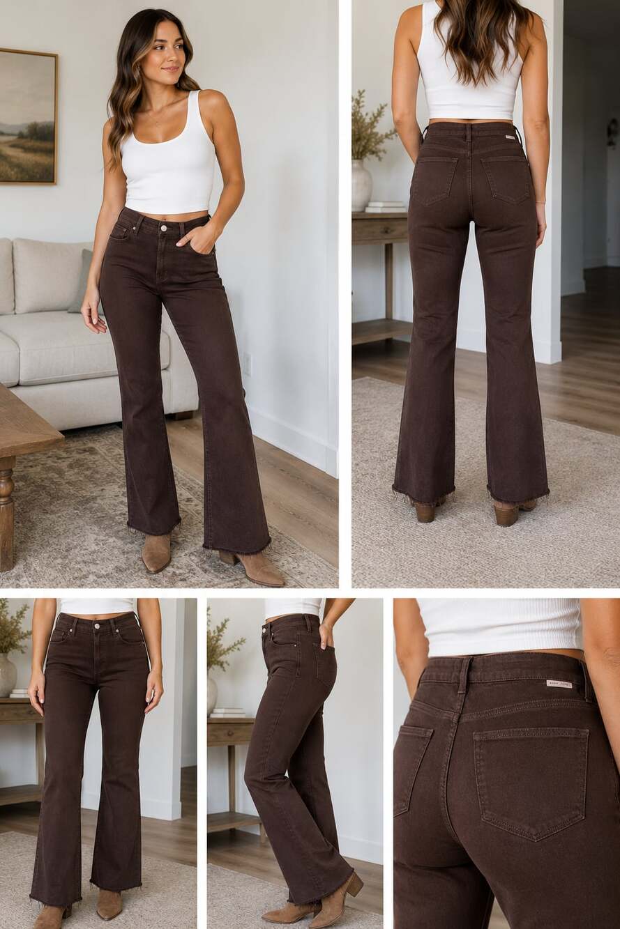 Dear John Jeanne Flare Jeans Womens 30 Brown High Rise Raw Hem Stretch Denim